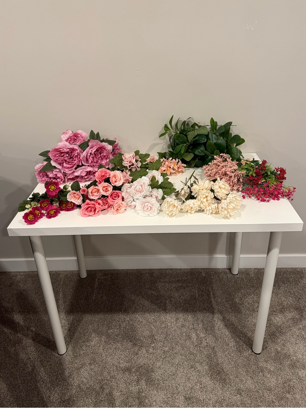 Lot of Assorted Pink and White Flower and Greenery Stems